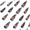 MISUD Press on Nails Long Stiletto Fake Nails Glossy Glue on Nails Goth Red Black Ombre Acrylic Nails Chrome Swirl Almond Artificial Nails Gothic Cross Stick on False Nails with Design 24 pcs