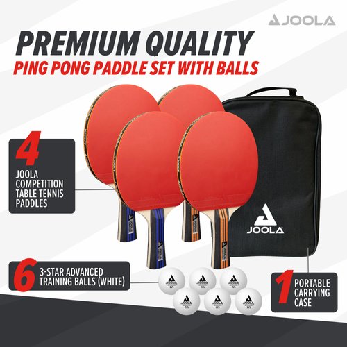 JOOLA Advanced Table Tennis Paddle Set - Includes 4 Ping Pong Paddles, 6 3-Star Ping Pong Balls & Carrying Case - for Intermediate Competitive Matches, Ideal for Teens, Adults, & High Volume Play