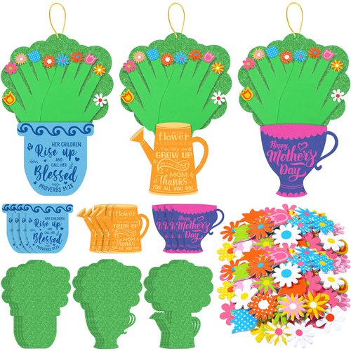 Sayglossy 12 Set Religious Mother's Day Flower Pot Handprint Craft Kit, Handprint Flowers for Mom Craft Kit Mother's Day Crafts for Kids DIY Mother's Day Craft Gift Supplies, 3 Designs