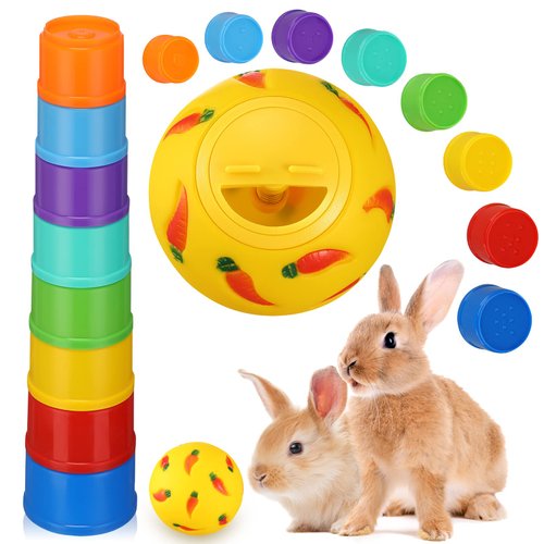 LEIFIDE 9 Pack Stack up Bunny Cups and Treat Ball for Bunny Toys Rabbit Food Dispenser Rabbit Stacking Cups Snack Ball Rabbit Toys Plastic Nesting Toys for Small Animals Rabbits