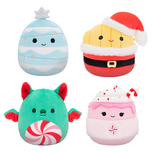 Squishmallows Original 5-Inch Holiday 4-Pack – Ethel Hot Chocolate, Floyd French Fries, Keiko Blue Christmas Tree, Ricardo Peppermint Bat – Official Jazwares Plush (Little)