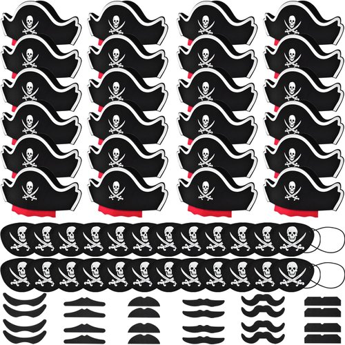 Halatool 72 Pcs Pirate Costume Set for Kids: Hats, Mustaches, Eye Patches, Eye Mask - Halloween Masquerade Cosplay Party Favors