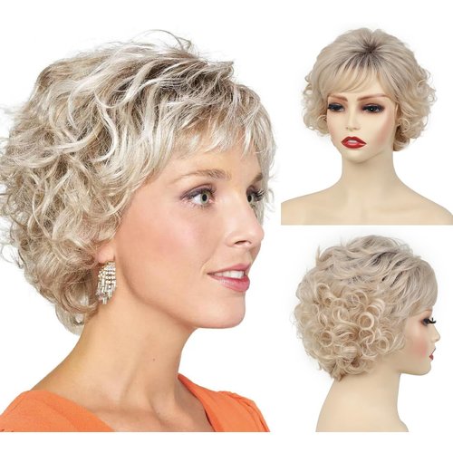 XIUFAXIRUSI XIUFAXIRUSI Short Blonde Curly Wigs for White Women Pixie Cut Wavy Wig with Dark Roots Natural Synthetic Full Hair Replacement Wig