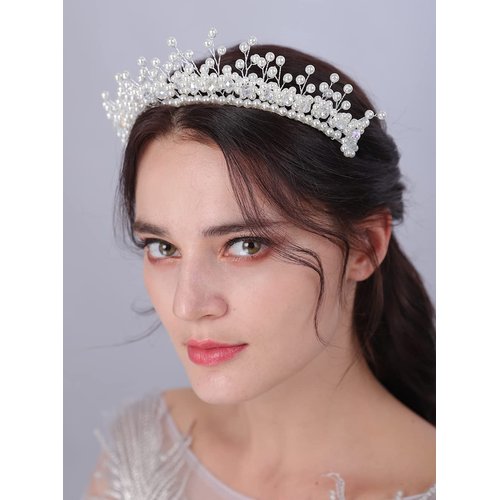 JWICOS Pearl Wedding Headband Pearl Tiara for Bride Bridal Headpieces Wedding Hair Accessories for Women and Girls