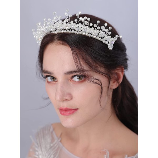 JWICOS Pearl Wedding Headband Pearl Tiara for Bride Bridal Headpieces Wedding Hair Accessories for Women and Girls