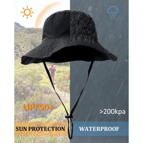 Waterproof Sun UPF 50+ Bucket Hat UV Protection Packable Brimmed Boonie for Women Men Summer Lightweight Hiking Outdoor Cap Black
