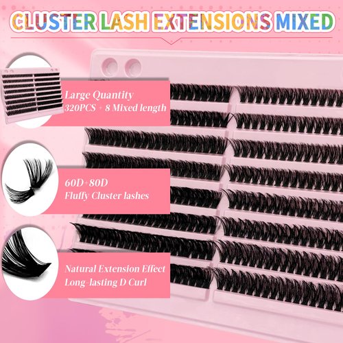 DIY Lash Extensions Fluffy Lash Clusters 60D+80D Individual Lashes 320pcs Cluster Eyelash Extensions 9-16MM DIY Lash Extension D Curl Mink False Eyelashes Clusters