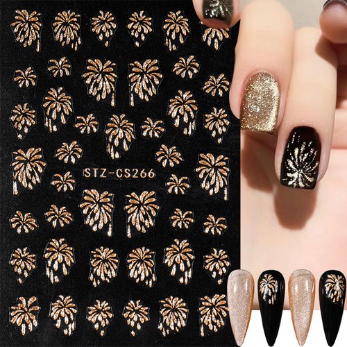 Gold Firework Nail Art Stickers Glitter Firework Nail Decals Shining Bronzing Gold Sliver Design Self-Adhesive Nail Art Supplies New Year Nail Stickers for Women Nail Decorations