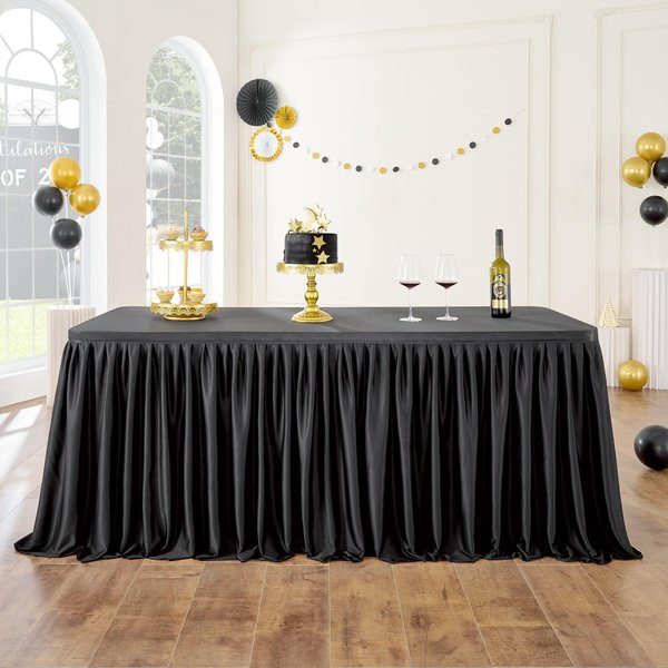 Leegleri Black Polyester Table Skirt for Rectangle tables 8ft, Wrinkle Resistant Pleated Ruffle Table Cloth for Banquet,Wedding,Trade,Baby Shower,Display Gift Dining Tabl