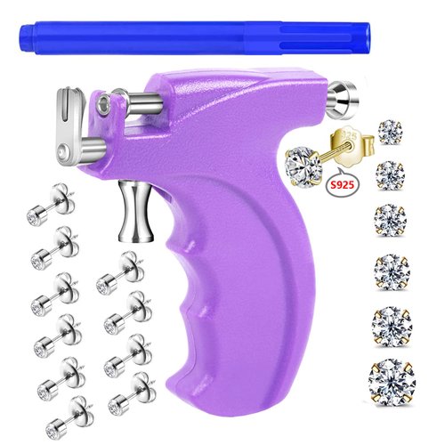 kamija Professional Ear Piercing Gun Kit with 6 Pairs S925 Sterling Silver Earrings (18K Yellow Gold Plated)+10 Pairs 316L Surgical Stainless Steel Gun Stud Earrings
