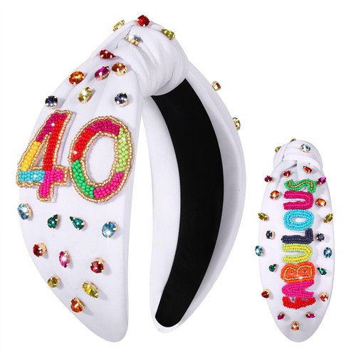 boderier FABULOUS 40 Birthday Headband for Women, White Wide Knotted Headband with Crystal Embellished 40th Birthday Decorations, Birthday Gifts for Women