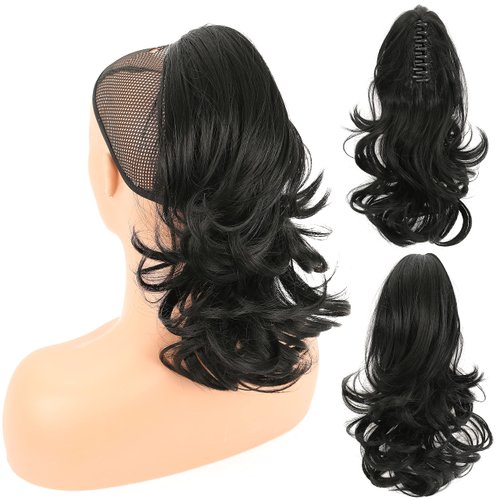 MICMART Claw Clip Ponytail Extension 14" Synthetic Curly Jaw Pony Tail Natural Wavy Claw On Hairpiece for Women Girls (14inches-Curly, Jet Black)