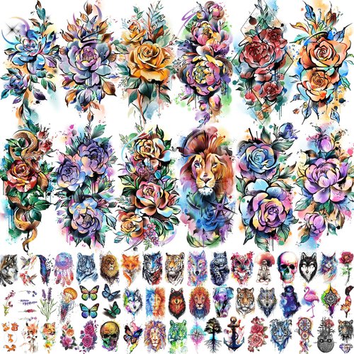 EGMBGM 63 Sheets 3D Watercolor Rose Temporary Tattoos For Women Arm Girls Adults, Water Color Peo...