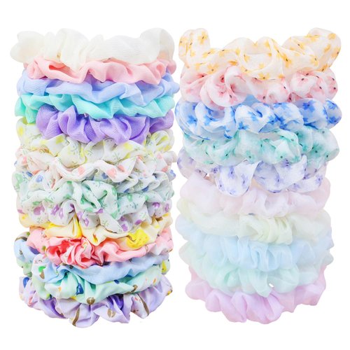 XIMA 25PCS Hair Scrunchies for Women Girls Satin Chiffon Printed Flowers Hair Rope Accessories Elastic Hairband Ponytail Holder