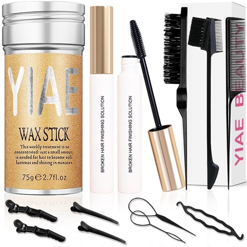 Wax Stick for Hair Slick Stick Kit, YIAE Hair Wax Stick Womens and 2 Hair Stick for Flyaways with Hair Comb kit, Non-greasy Pomade Gummy Wax for Edge Frizz Hair and Edge Control (75 g+30 ml)