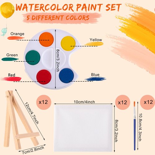 Glenmal Watercolor Paint Sets 3 x 4 Small Painting Canvas with Easel Paints Brush Set Kids Art Party Favors and Party Supplies Washable Watercolor Bulk for Kids Birthday Prizes (12 Sets)