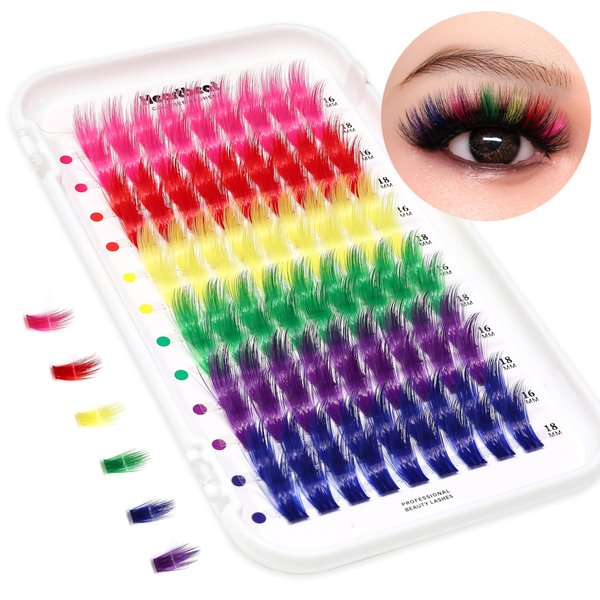 Colored Lash Clusters 6 Colors Thick Dramatic Long DIY Colorful Individual Eyelash Extension 16mm 18mm Mixed Volume Soft Faux Mink Cluster Lashes Heartbeat(C1-A)