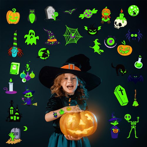 JCFIRE Glow Halloween Party Supplies, Halloween Temporary Tattoos for Kids Party Favors, Halloween Birthday Party Decorations Activities Games Accessories, Halloween Goodie Bags Fillers