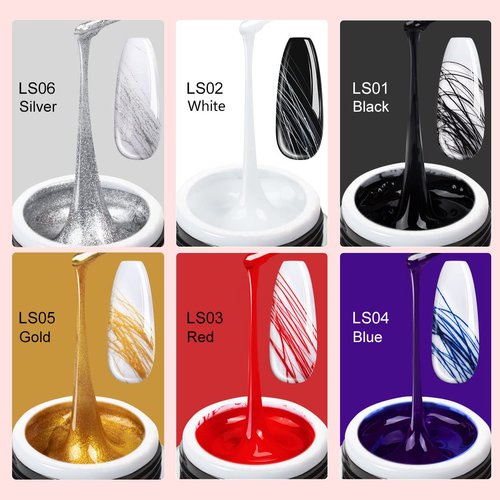 SAVILAND 6 Colors Spider Gel, New Upgraded Matrices Spider Gel with Nail Art Brushes, Nail Designs Gel Paint Wire Drawing Gel Polish for Line (White Black Red Blue Gold Silver)