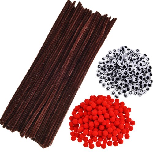 750 Pieces Christmas Pipe Cleaners Set, Including 150 Pieces Brown Pipe Cleaners Chenille Stems, 200 Pieces Red Pom Poms and 400 Pieces Wiggle Googly Eyes for Christmas DIY Crafts Making