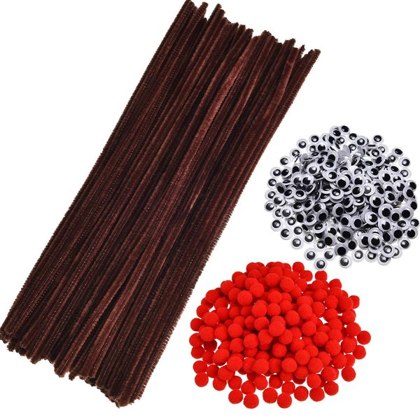 750 Pieces Christmas Pipe Cleaners Set, Including 150 Pieces Brown Pipe Cleaners Chenille Stems, 200 Pieces Red Pom Poms and 400 Pieces Wiggle Googly Eyes for Christmas DIY Crafts Making