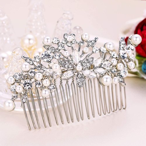 EVER FAITH Women's Clear Crystal Ivory Color Simulated Pearl Flower Leaf Bridal Banquet Hair Comb Silver-Tone