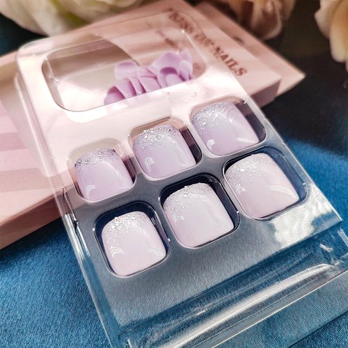 Toe Nails Press on Acrylic Toenails Press on Nails Pink Purple Press on Toes Nails Full Cover Fake Toe Nails Glitter Sequins Toenail Press ons Artificial Toenails for Women 24 Pcs