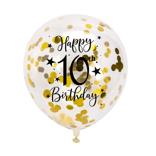 Gold 10th Confetti Latex Balloons, Girls or Boys Happy 10 Years Birthday Party Balloon Decoration With Confetti, 12in, 16 Pack