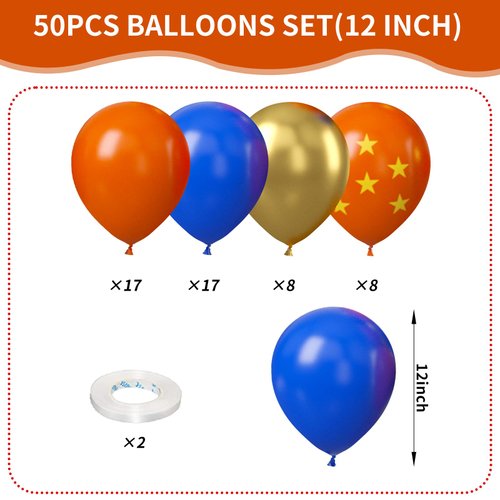 Blue and Orange Balloons, 50Pcs 12 Inches Royal Blue and Gold Balloons for Kids Cartoon Theme Anime Birthday Party Decorations Engagement Party Baby Shower Wedding Party Supplies