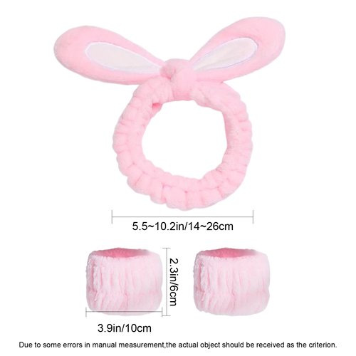 3-Pack Spa Headband and Wristband Set,Soft Plush Makeup Skincare Headband Wrist Bands Cute Bunny Rabbit Ears Face Wash Headband and Towel Wristband Set for Women Girls Washing Face Skin Care (A-Pink)