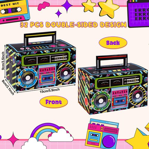Ujuuu 32Pcs 80s 90s Novelty Boom Favor Boxes 1980s Party Favor Treat Boxes Boombox Prop Radio Decorations Table Centerpieces Candy Goodies Box for Retro 80s Theme Hip Hop Music Party Supplies