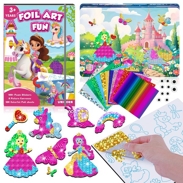 homicozy Art & Craft Activity for Kids-Foil Fun Unicorn & Princesses,No Mess Art Crafts for Girls,DIY Foil Foam Stickers,Creative Activity Kits,Kids Travel Toys,Gifts for Girls & Boys Ages 4-10