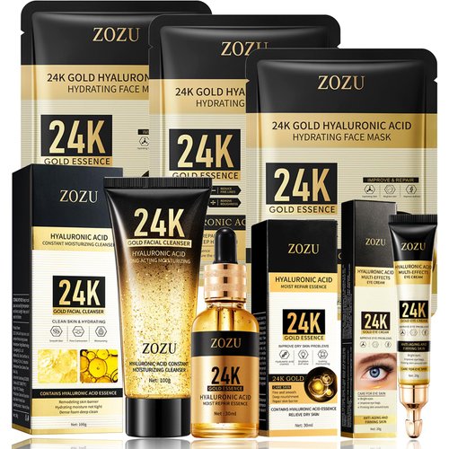 24K Facial Skin Care Sets, Skin Care Products Set: Cleanser, Serum, Eye Cream, Mask, Skincare Rou...