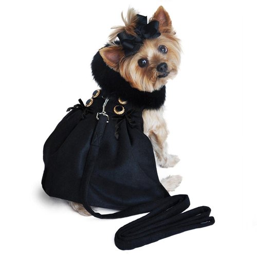 DOGGIE DESIGN Black Wool and Black Fur Dog Harness Coat (S)