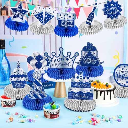 12 Pcs Happy Birthday Decorations for Men Blue Silver Honeycomb Centerpieces Party Supplies Paper Centerpiece Table Decorations Royal Table Centerpieces for Boys, Kids Party