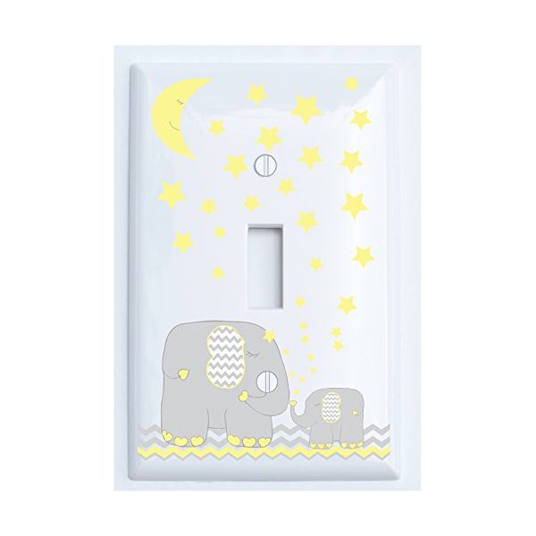 Yellow Elephant Light Switch Plate Cover Single Toggle with Yellow Moon and Stars/Elephant Nursery Decor with Grey and Yellow Chevrons (Single Toggle)
