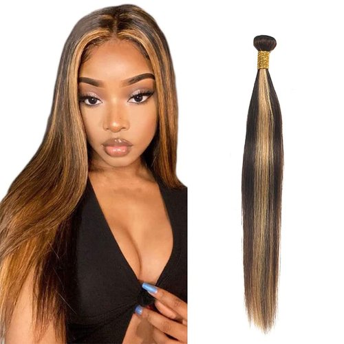 Muaowig P4/27 Straight Human Hair Bundles Highlight Brazilian Remy Hair Extensions 1 Bundles Brown And Honey Blonde Hair Bundles Hair Weaves For Women 16 Inch