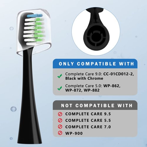 Sonic Replacement Toothbrush Heads Compatible with Waterpik Complete Care 9.0 (CC-01), 5.0 (WP-862) Electric Toothbrush, Soft Bristle, 10 Count (Black)