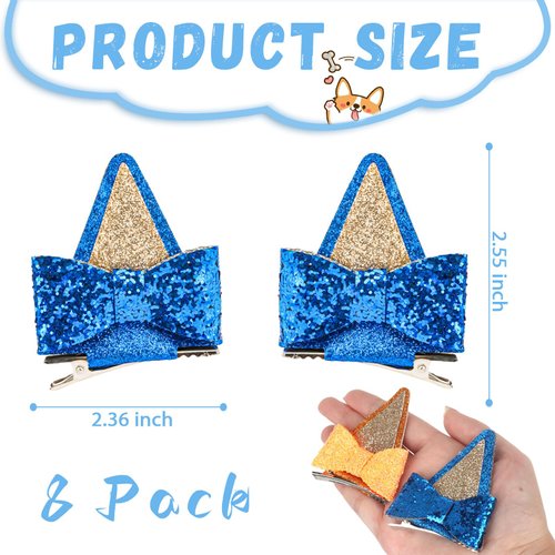Blue Ears Hair Clips for Girls, 4 Pairs Dog Ears Hair Clips Cute Blue Birthday Decorations Blue Party Favors, Glitter Hair Bows Hair Accessories for Girl
