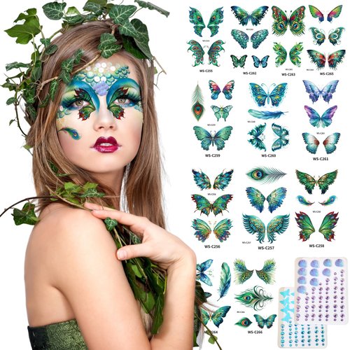 Peacock Butterfly Temporary Tattoos Sticker Self Adhesive Face Gems Peacock Pattern Butterfly-Shaped Face Tattoos Sticker with Face Rhinestone Gems for Make-up Halloween Christmas Party 14 Pcs