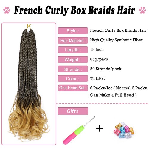 French Curl Crochet Braids 18 Inch 6 Packs Goddess Box Braids Crochet Hair Pre Looped French Curly Braiding Hair Crochet Box Braids With Curly Wavy Ends Synthetic Hair Extensions (#1B/27)