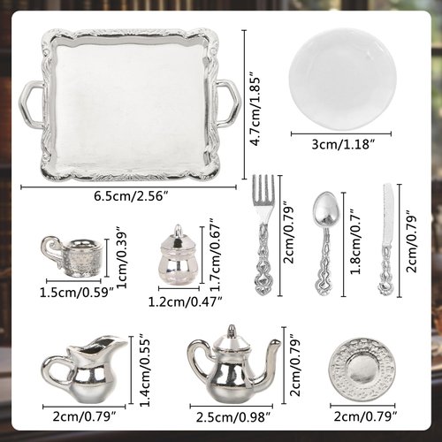 24 Pieces 1:12 Miniature Tea Set Metal Mini Teapot Tiny Tea Cup Mini Doll Plates Knife Fork Spoon Miniature Dollhouse Accessories for Dollhouse
