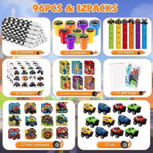 BenLouis 96Pcs Monster Truck Party Favors Truck Car Birthday Stampers Stickers School Stationery Set Bulk for Kids wheels party Race Car Themed Party Goodie Bag Stuffers Pinata Filler Supplies