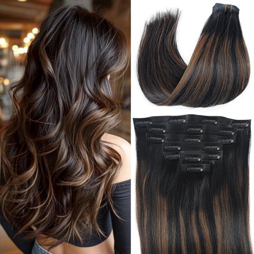 Clip in Hair Extensions, Seamless Clip in Hair Extensions Real Human Hair 16 Inch Ombre Natural Black Highlights Chestnut Brown Straight Thick Invisible PU Remy Hair Extensions Clip ins 110g 7pcs