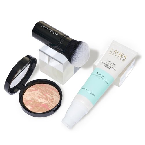 LAURA GELLER NEW YORK Laura's Must-Haves Kit 3pc: Baked Balance-n-Brighten Powder Foundation, Porcelain + Spackle Skin Perfecting Makeup Primer, Hydrate + Airbrush Round Kabuki Brush