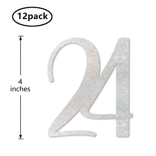 Silver Glitter 24th Birthday Centerpiece Sticks, 12-Pack Number 24 Table Topper Anniversary Party Decorations