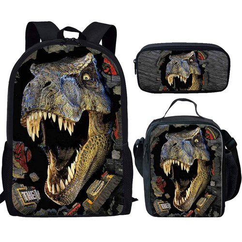 HUGS IDEA T-rex Dinosaur Backpack Teen Boys School Book bag with Lunch Box Pen Case 3 in 1