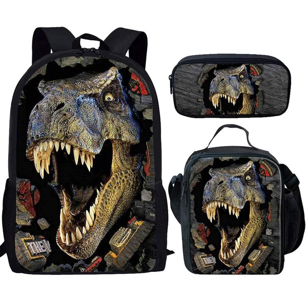 HUGS IDEA T-rex Dinosaur Backpack Teen Boys School Book bag with Lunch Box Pen Case 3 in 1
