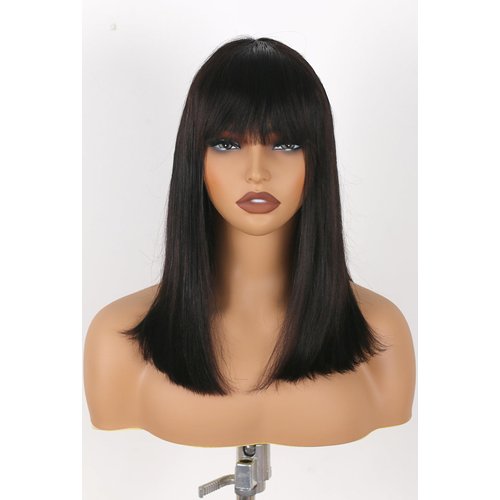 ManeMajesty 16 Inch Yaki Straight Human Hair Wig with Bangs for Black Women Short Black Bob Wigs Soft Yaky Perm 100% Brazilian Human Hair Glueless Wig Machine Made None Lace Front Wigs 1B