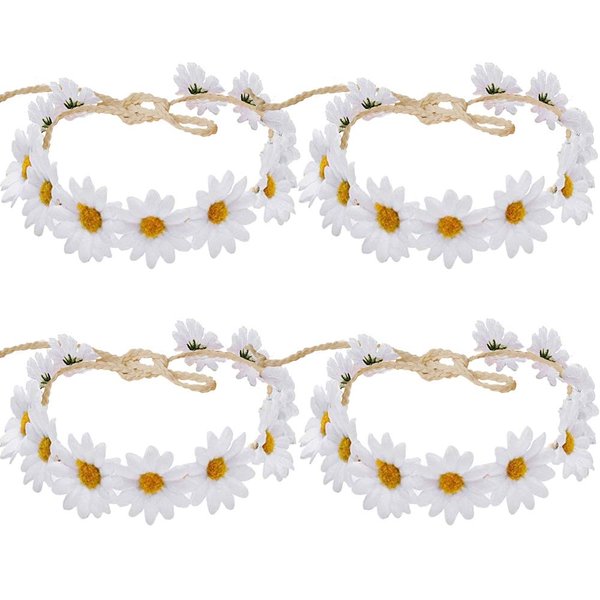 Flower Headband Sunflower Hairband Hair Clips Floral Crown Barrette Hair Bands Women Girls Boho Hair Hoop Headdress Headwear Headpiece Party Decoration Cosplay Costume Hair Accessories 4 Pack White